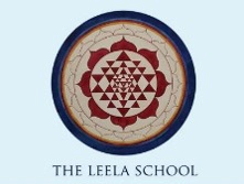 Leela Schule Logo , rundes Logo mit einer Art Blume des Lebens in der Mitte, Rot und dunkelblau